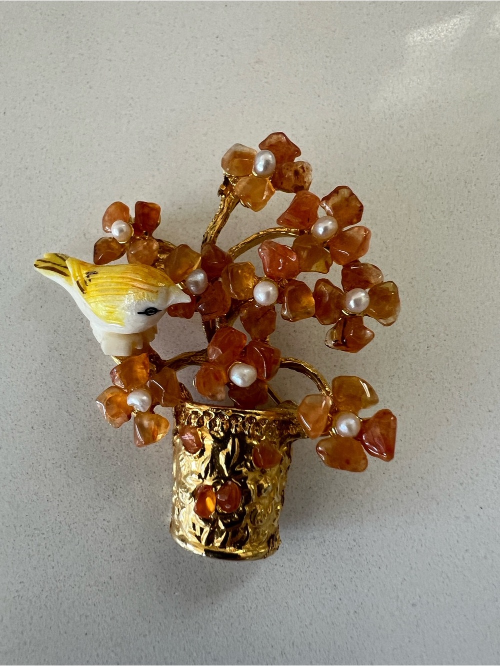 Vintage Gold-tone Amber Flower Pot Brooch with Bird Swoboda Jewelry